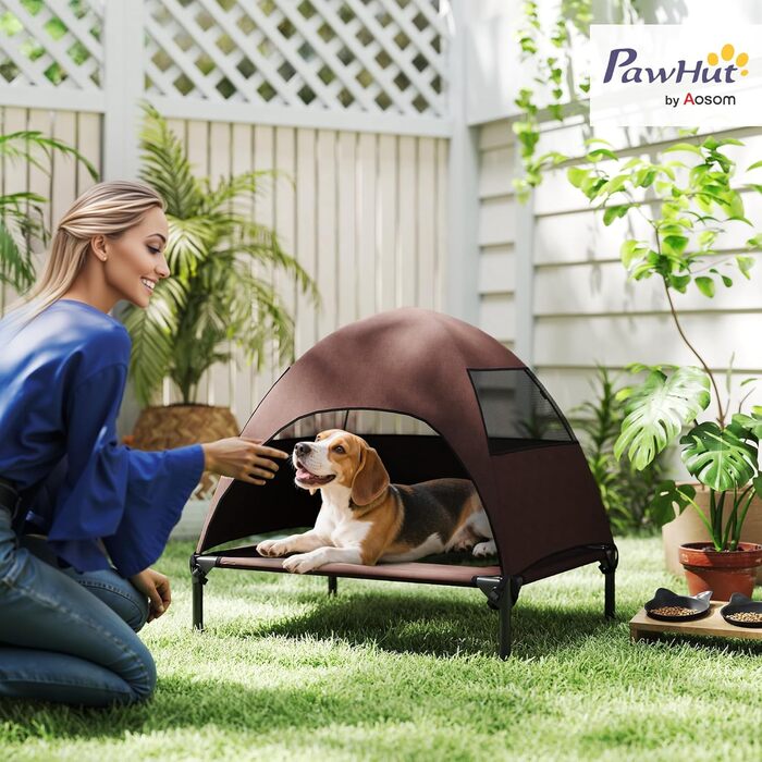 Лежанка для собак PawHut Outdoor з дахом, підняте ліжко для середніх собак, ліжко для домашніх тварин з охолоджуючим ефектом, сталевий каркас з сіткою, переносна сумка, ліжко для собак на вулицю, кемпінг 76x61x71см, (76x61x71см, Кофе)