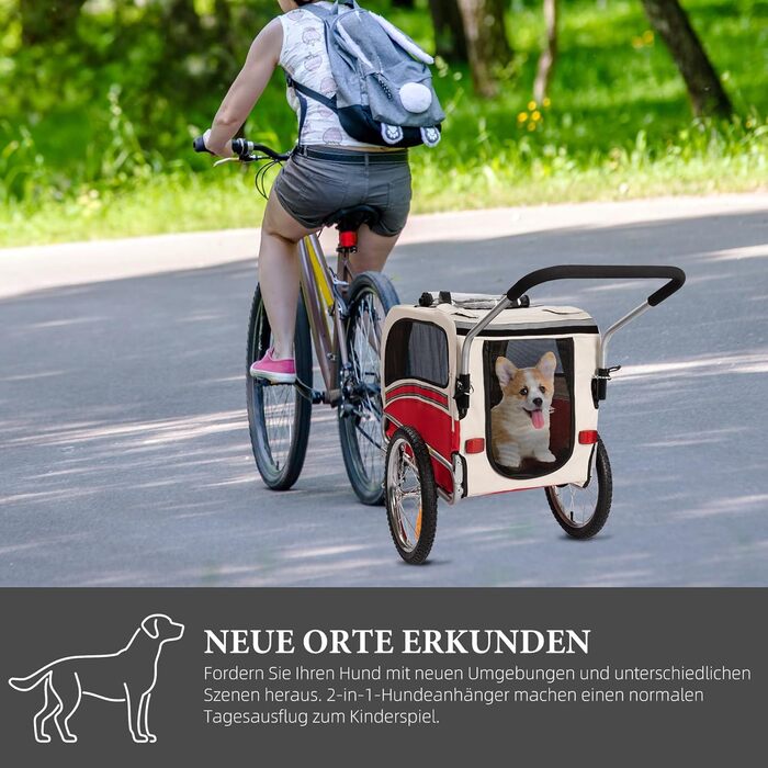 Причеп-біговий візок для собак 2-в-1, до 30 кг, складний, з гальмами, сигнальним прапорцем, для активного відпочинку та дому, червоний