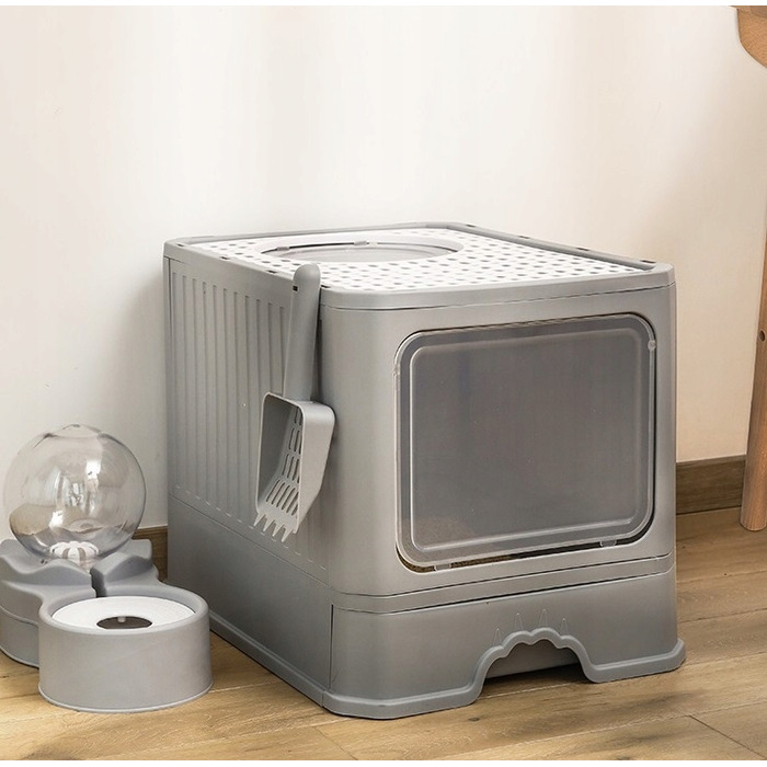 Закритий лоток-туалет для котів, сірий, з ручкою та висувною шухлядою, 50 x 40 x 38 см