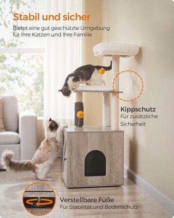 Котячий комплекс Feandrea WoodyWonders 2-в-1 з когтеточкою, туалетом у шафі, 134 см, з драпаком, платформою, знімними подушками, грейж