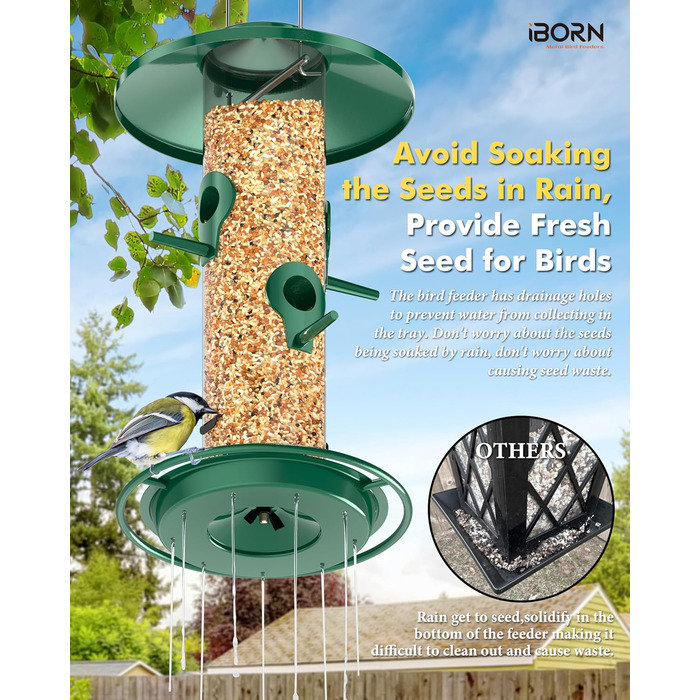 Годівниця для птахів iBorn на відкритий простір – годівниця для птахів з металу, місткість 900г, 4 отвори для годування, чорний/зелений колір