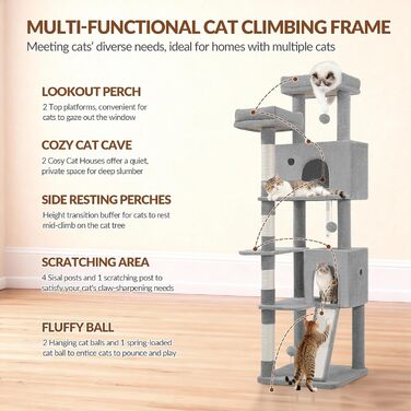 Котячий будиночок Kratzbaum 178 см, великий, сірий. Стабільний з когтеточками, лежаками, платформами та іграшками. FPMS005FG1