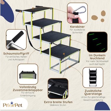 Сходинки для собак у машину – складні, широкі, для великих собак, 4 сходинки, до 105 кг, світяться в темряві, захист суглобів