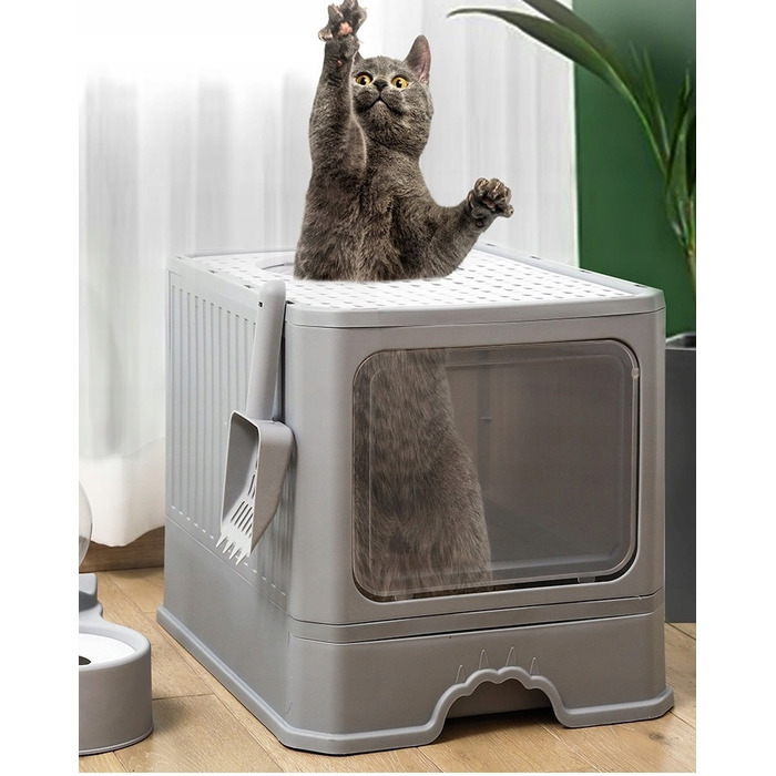 Закритий лоток-туалет для котів, сірий, з ручкою та висувною шухлядою, 50 x 40 x 38 см
