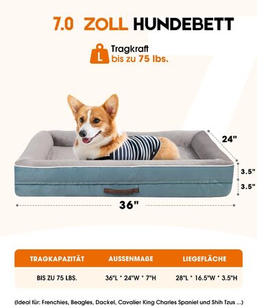 Ортопедичне ліжко для собак XL, кошик для собак, що можна прати, з піною у формі яйця, водонепроникне ліжко для собак з неслизьким дном та чотиристоронньою подушкою (91x61x18 см, блакитне)