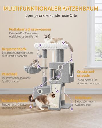 Кігтеточка для котів Hzuaneri, 98 см, з платформою, іграшками та кігтедраперами, сіра