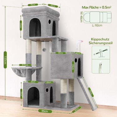 Дерево для котів Globlazer XL сірого кольору з великою печерою для 2-4 котів, когтеточкою з сизалю, м'яким кошиком та іграшками, висота 133 см