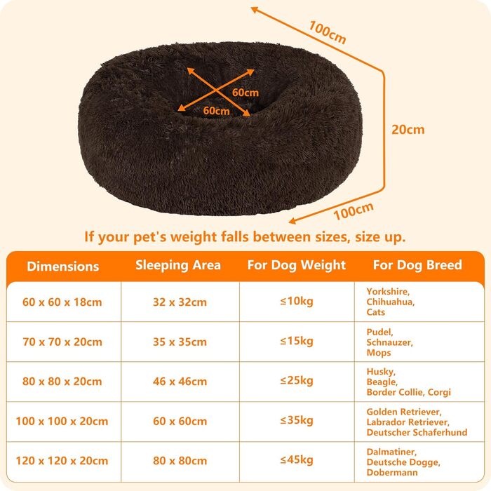 Ортопедичне ліжко для собак, кругленьке, м'яке, для котів та собак, ліжко-софа, коричневе, 100 см, 100x100x20 см