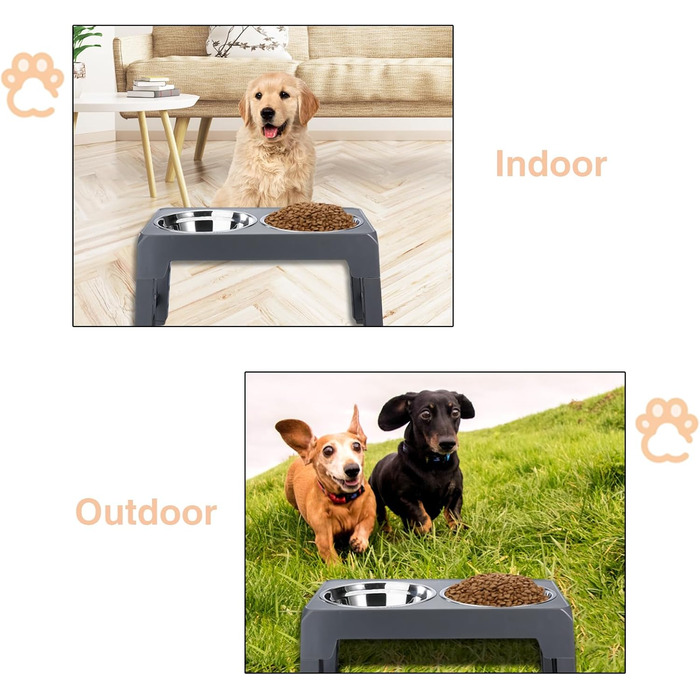 Підвищений годівниця для собак, регульована висота, підставка, 4 рівні, повільне годування, миска для собак з нержавіючої сталі для малих, середніх та великих собак (сіра)