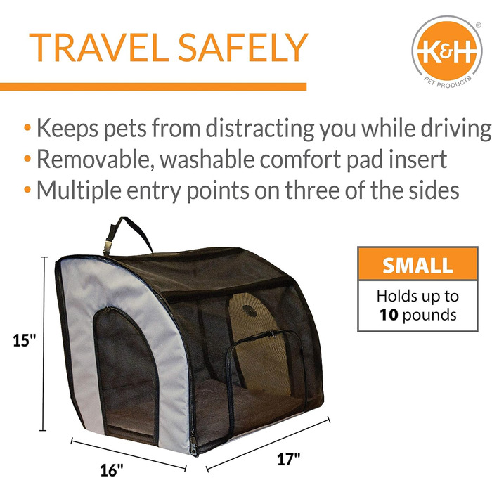 Переноска для домашніх тварин K&H PET Products, м'яка автосумка для котів і малих собак, сіра/чорна, 43,2×40,6×38,1 см