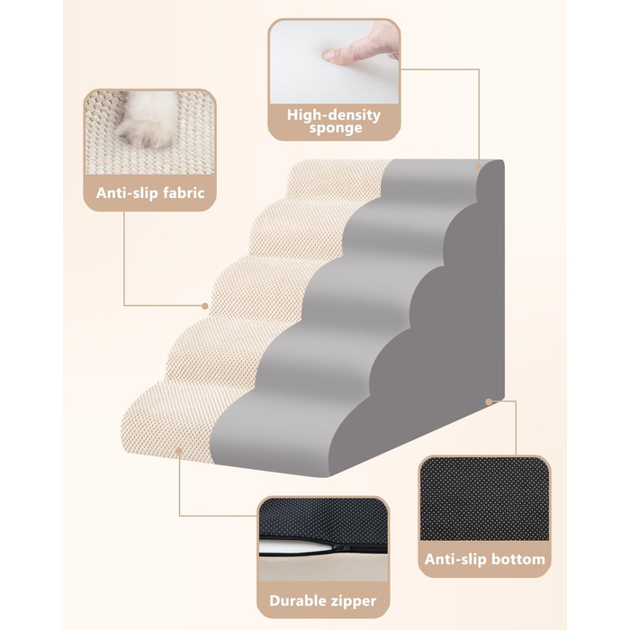 Сходинки для собак та котів на ліжко/диван, 5-ти ступінчасті, з неслизьким покриттям, зручні та довговічні (20 см висота, 76.2 x 39.4 x 21.3 см)