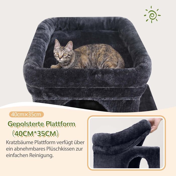 Дерево-кіготь Globlazer для котів на 2-4 котів з великою печерею, м'яким гніздечком, сходами з сизалю, іграшками, стабільним дизайном, висотою 133 см (XL, темно-сірий)