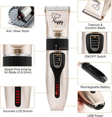 Професійна машинка для стрижки собак, тиха, для довгого та густого волосся, електрична, бездротова, акумуляторна, для собак, котів, домашніх тварин, чорний / золотий