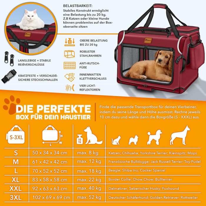 Трейвел-бокс для собак та котів TRESKO® S 50x34x34cm | Розкладний, з підкладкою, лопаткою та світловідбивачами | Для маленьких та великих собак | Червоний