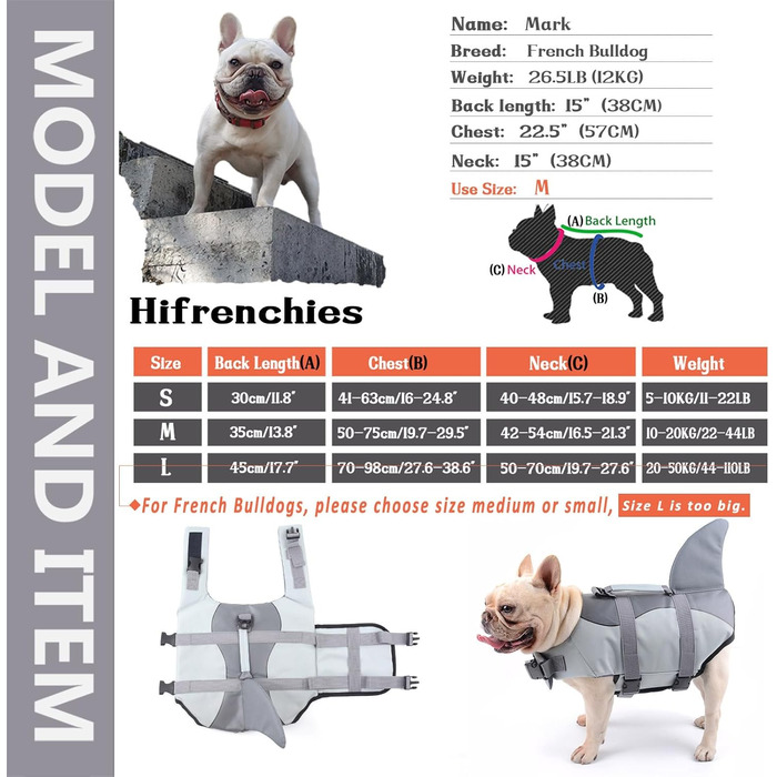 Світлокажувальний жилет для собак 'Hai' (L) - рятувальний жилет для Французького бульдога