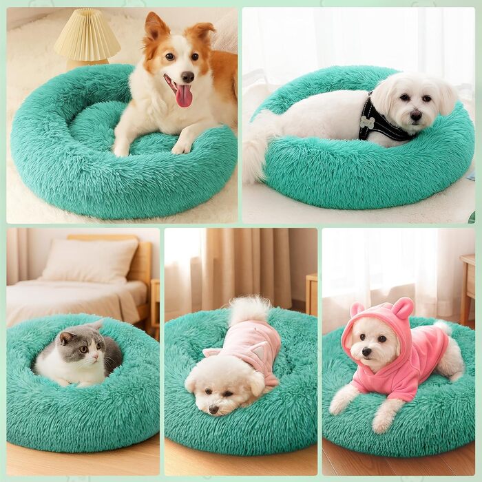 М'яке ліжко для собак та котів, корзина для собак, зручне миється, 70 см, кругла ліжко для собак з плюшу, диван для собак та котів, для маленьких, середніх та великих собак, (Д 50 x Ш 50 x В 20 см, Темно-зелений)