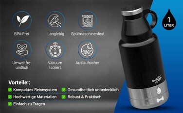 Турбунок для собак ThermoTom: пляшка для води, миска та сумка для прогулянок • 1 л, чорний