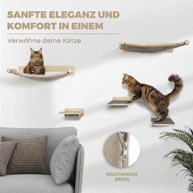 WOOWOOD® Комплект для лазіння котів на стіну (5 частин) - дерев'яний комплекс для котів з драбиною, гамаком та когтеточкою