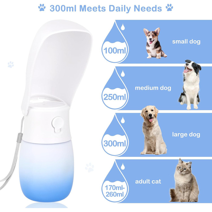 Турбувальна пляшка для води для собак і котів JOPHEK 300мл з фільтром з активованого вугілля, блакитно-біла, для прогулянок, подорожей та кемпінгу