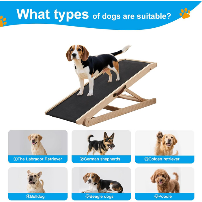 Рампа для собак на ліжко та диван, 5 ступенів, регульована, для маленьких та великих собак (дерево, 115 см)