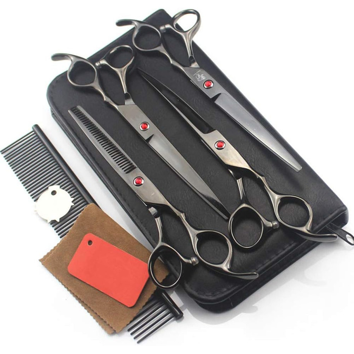 Набір ножиць для грумінгу собак, 7 дюймів, професійний набір для стрижки тварин, нержавіюча сталь, вигнуті ножиці, ножиці для розрідження, гребінець для грумінгу собак та котів, 5 шт. (сріблястий)