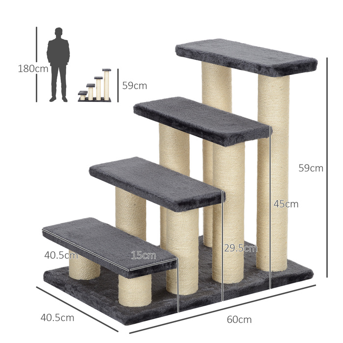 PawHut Pet Stairs 4-ступінчасті сходи для собак і сходи для кошенят, м'який плюш, сірий, 60x40.5x59см | Аосом