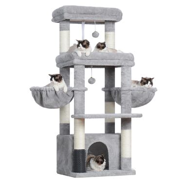 Котячий будиночок Hey-brother Kratzbaum для великих котів та Мейн-кунів, багатоярусний, стабільний, з 2 платформами, 2 будиночками, великою печерею, гребінкою, сірий EMPJ070W