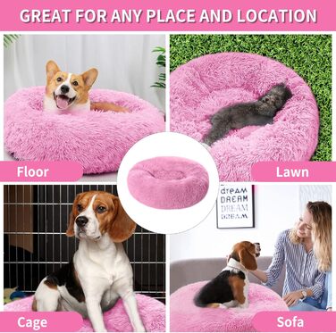 М'яке кругле ліжко для собак та котів 60см – зручне лежанка-пончик для маленьких собак та котів, миється, не слизьке, плюшеве ліжко для тварин, сірий (L 60 x B 60 x H 20 cm, Рожевий)