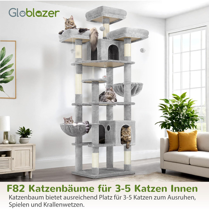 Драбина-кіготь Globlazer XXL 209 см з 3 м'якими стійками, 2 будиночками, 2 кошиками, великою платформою та іграшками для котів. Стабільна, для 3-5 котів.