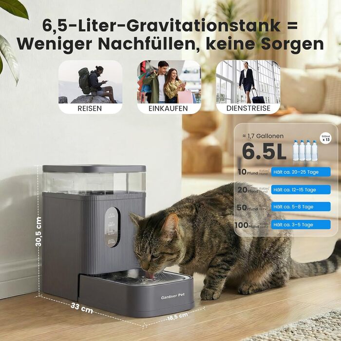 Автоматична поїлка-годушка для собак і котів Gardner Pet, 6.5 л, нержавіюча сталь, BPA-free, гравітаційна, безшумна, сіра