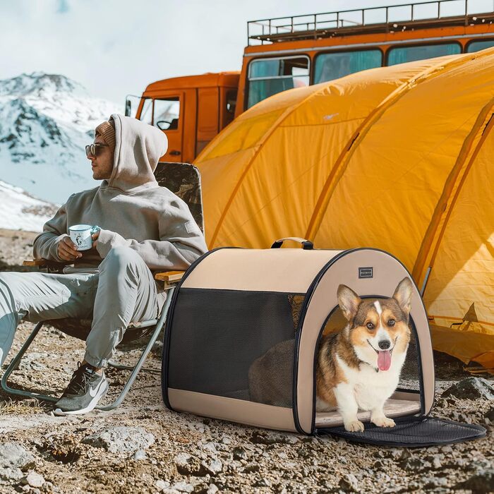 Складана переносна собача клітка Petsfit M, дихаюча, з вигнутим дизайном, антивідкривним замком і плюшевою подушкою, колір хакі, для дому
