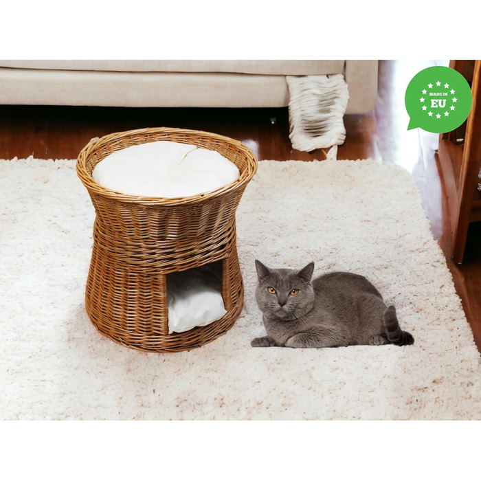 Котячий будиночок з лози для сну, двоповерхове ліжко для котів і собак, круглий 47 см, з подушкою, натуральний колір