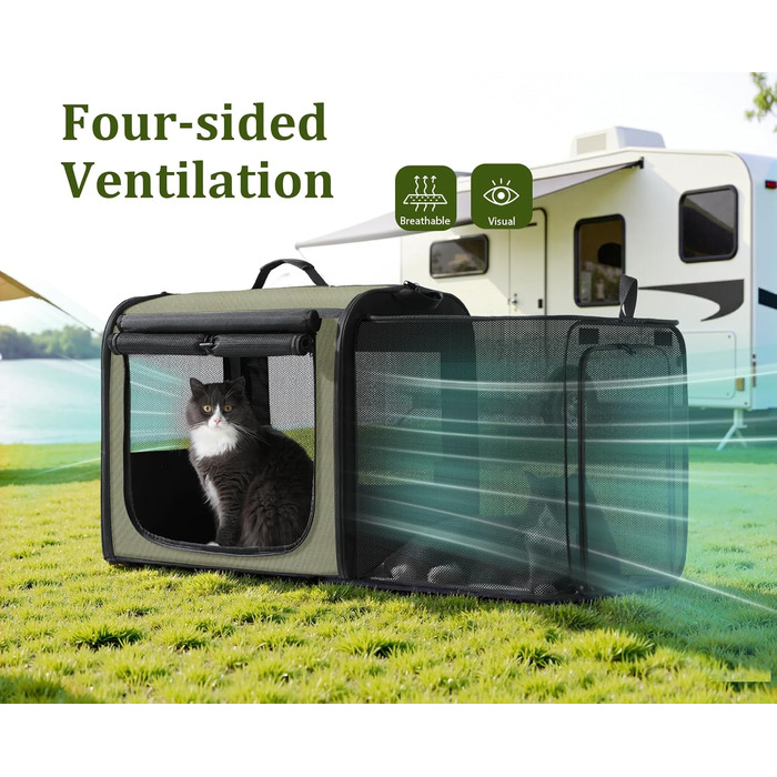 Pecute Розширювана переноска для котів та маленьких собак, переноска-трансформер, 61 x 52 x 45 см, для подорожей, темно-сірий, темно-зелений