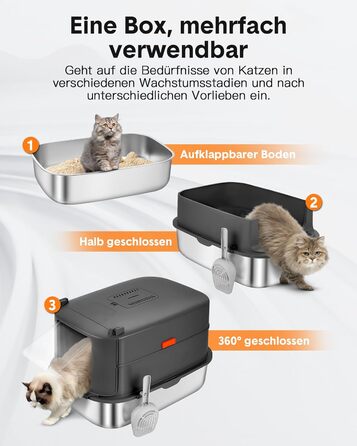 Котячий туалет з нержавіючої сталі Papettly XXL з кришкою, 30 л, знімний високий бортик, килимок для наповнювача, легке очищення, 58x42x40 см