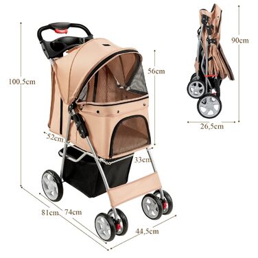 Візок для собак та котів COSTWAY, до 15 кг, з сітчастими віконцями, тримачем для напоїв, кошиком та сонцезахистом, складний, бежевий