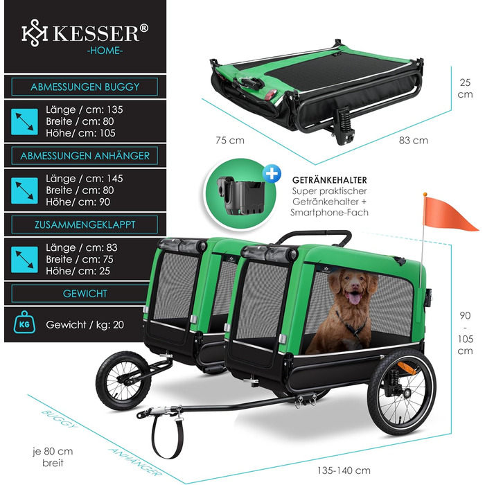 KESSER Причіп для собак Boxer 3-в-1: візок, джоггер і велопричіп, 240 л, амортизований, 600D Оксфорд, до 40 кг