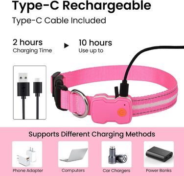 Світлодіодна нашийник для собак ASBRILL, перезарядна, 7 кольорів RGB, 8 світлодіодів, регульована, вологостійка, для маленьких, середніх та великих собак, (M, Рожевий)