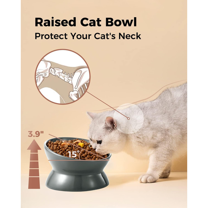 Підвищений годівниця для котів LoeJan, 142 мл, кераміка, анти-блювотна, для захисту хребта, підходить для котів, маленьких собак та кошенят, сірий колір, 1 шт.