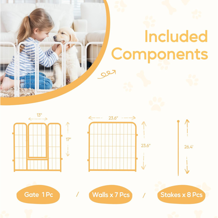 Вольєр для собак, 101,6 см, 8 панелей, міцний метал, для дому та вулиці, кемпінг, подвір'я, будинок на колесах, садовий забір, приватність, тераса, білий