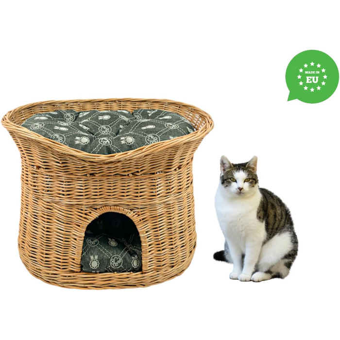Кошик для котів XL 70 см овальний з лози, двоповерхове ліжко для котів і собак з м'якими темно-сірими подушками, натуральний колір, котяча хата для дому