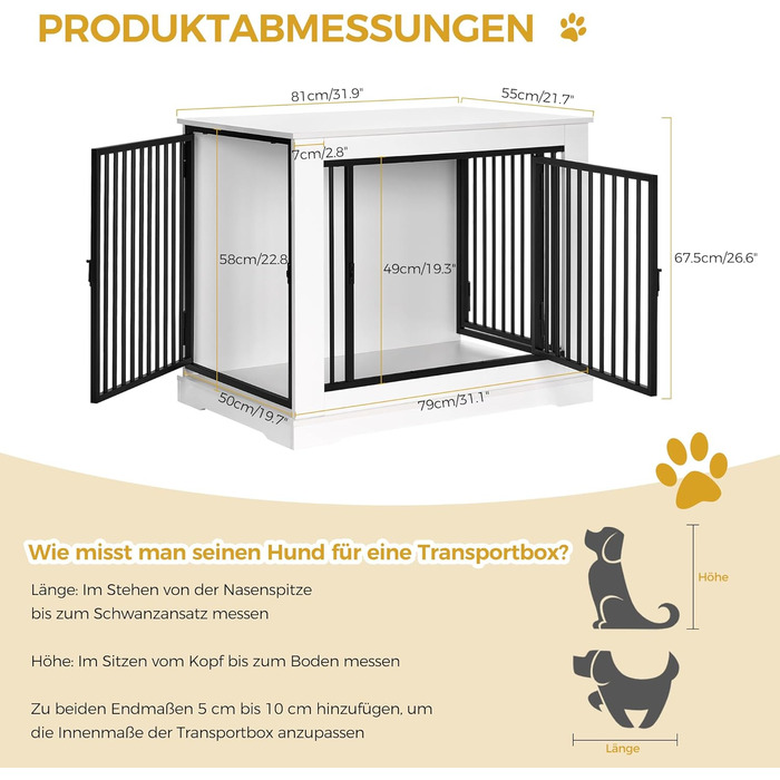 BEWISHOME Клітка для собак, 81 см, дерев'яна, з 3 дверцятами, біла, для дому, Beistelltisch (табличка), 81x55x67.5 см, EMGL03W