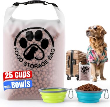 Контейнер для корму для тварин на 25 порцій з 2 складеними мисками для подорожей – прозорий, з водонепроникним закриттям, зберігає сухий корм свіжим для кемпінгу