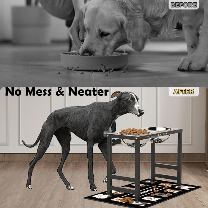Підвищена годівниця для собак великих та екстра-великих порід, підставка для мисок з нержавіючої сталі (2,863 г) та не проливаючим килимком, годівниця висотою 43 см для великих порід, чорний колір