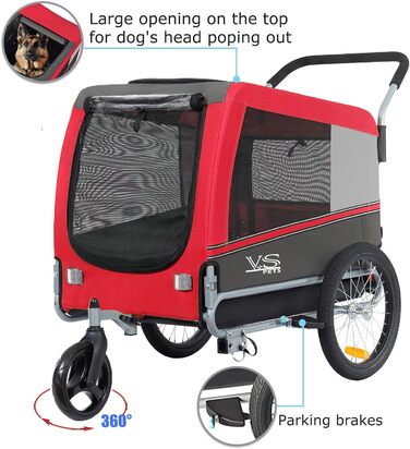 Візок для собак Tiggo VS Pets 2-в-1: візок та велопричіп, для собак до 35 кг, об'єм 270 л (червоний)