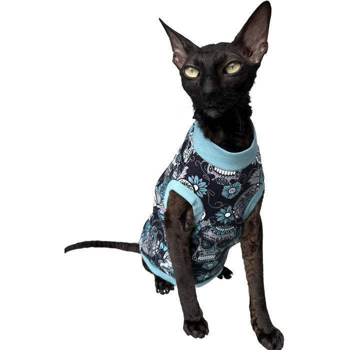 Футболка Kotomoda Sphynx з принтом черепа (синій, XS) для безшерстих котів