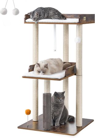 Дерев'яний котячий комплекс FourFurPets 111 см, сучасний котячий тур із когтеточкою та будиночком для великих домашніх котів, рустикальний коричневий