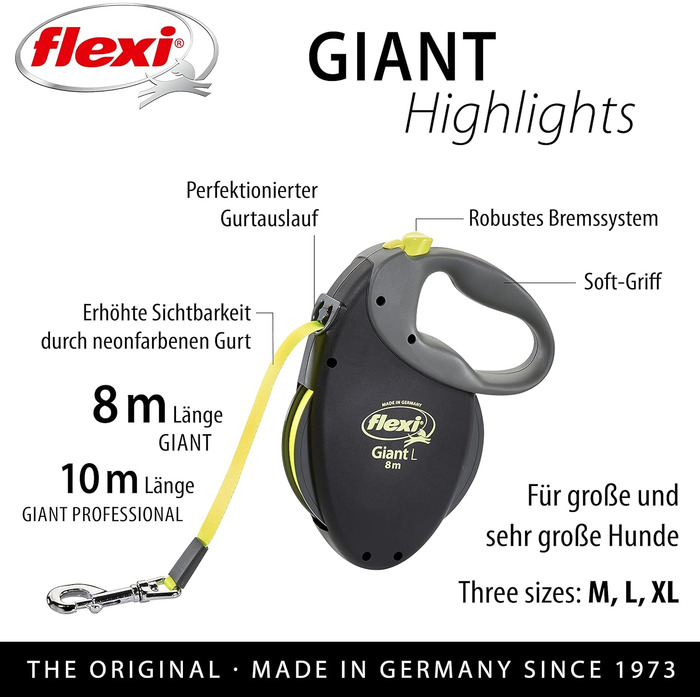 Рулетка для собак Flexi Giant Professional L 10 м, до 50 кг, чорна/неонова жовта