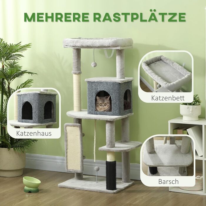 Когтеточка для котів PawHut 132 см з ігровою будкою, іграшковим м'ячем, сизалевими стовпчиками, для котів до 6 кг, світло-сіра