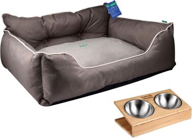 Ліжко для собак Benetton Haustierbett | Коричневе, 65 x 50 x 20 см | Ергономічне ліжко для середніх собак | Знімний чохол, миска з нержавіючої сталі та бамбукова підставка