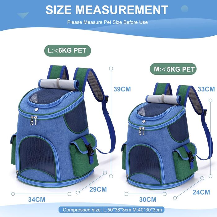 PETCUTE Рюкзак-переноска для собак і котів, дихаючий, знімний килимок, безпечна повідка, для подорожей, походів, кемпінгу, до 6 кг, блакитний + рожевий